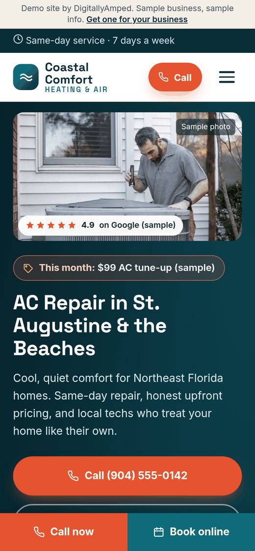 Phone view of the Coastal Comfort sample HVAC site